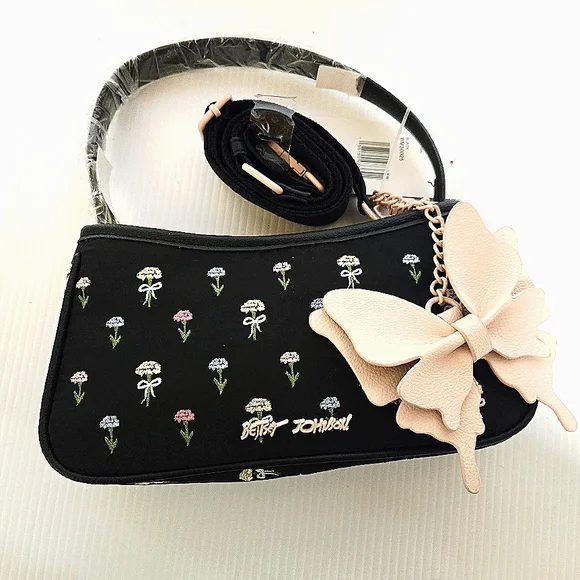 Betsey Johnson Black Floral Crossbody Bag With Butterfly Bag Tag Removable Strap - Picture 1 of 10
